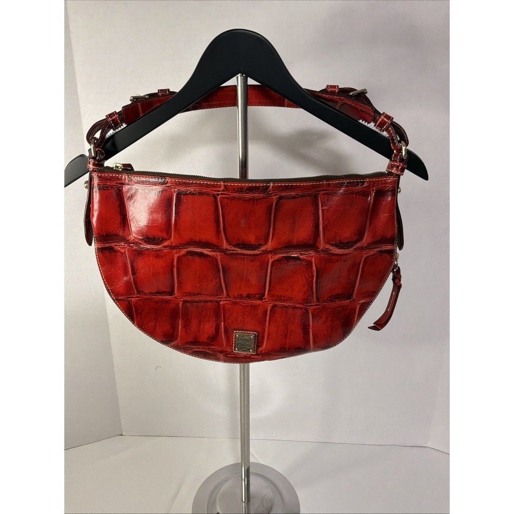 Dooney & Bourke Shoulder Bag Large Red Croc Embossed Leather Crescent Satchel